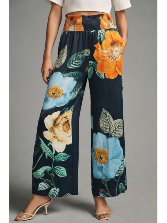 Maeve Pants - Anthropologie Maeve Saria Smocked Floral Blossom Lounge Wide-Leg Pants Size XS